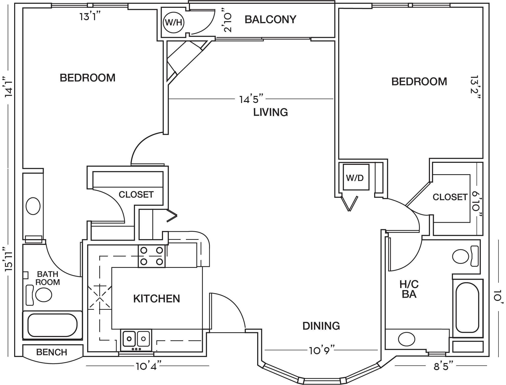 Two Bed Two Bath Floor Plan at Toluca Court, Toluca Lake, California